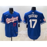Men's Los Angeles Dodgers #17 Shohei Ohtani Royal With American Flag Patch Limited Stitched Baseball Jersey
