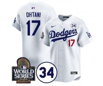 Men's Los Angeles Dodgers #17 Shohei Ohtani White 2024 World Series With No. 34 Patch Limited Stitched Baseball Jersey