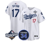 Men's Los Angeles Dodgers #17 Shohei Ohtani White 2025 World Series With No. 34 Patch Limited Stitched Jersey Men's Los Angeles Dodgers #17 Shohei Ohtani White 2025 World Series With No. 34 Patch Limited Stitched Jersey