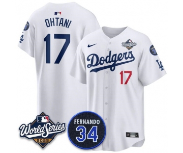 Men's Los Angeles Dodgers #17 Shohei Ohtani White 2025 World Series With No. 34 Patch Limited Stitched Jersey