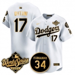 Men's Los Angeles Dodgers #17 Shohei Ohtani White Gold 2025 World Series With No.34 Patch Limited Stitched Baseball Jersey Men's Los Angeles Dodgers #17 Shohei Ohtani White Gold 2025 World Series With No.34 Patch Limited Stitched Baseball Jersey