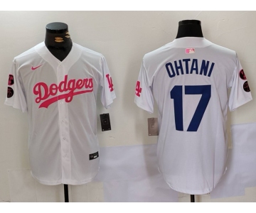 Men's Los Angeles Dodgers #17 Shohei Ohtani White Pink Vin & Kobe Patch Stitched Baseball Jersey