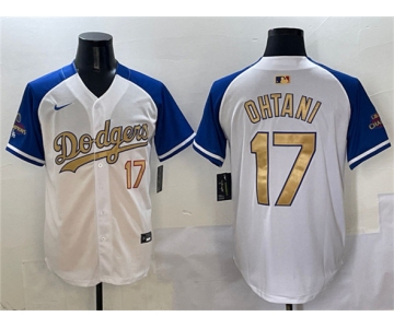 Men's Los Angeles Dodgers #17 Shohei Ohtani White Royal Gold 2024 World Series Champions Vapor Limited Stitched Baseball Jersey