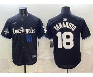 Men's Los Angeles Dodgers #18 Yoshinobu Yamamoto Black 2025 World Series Champions Patch 'Gothic Edition' Vapor Premier Limited Stitched Baseball Jersey