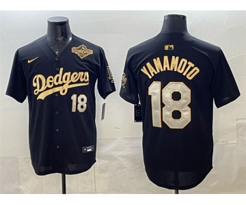 Men's Los Angeles Dodgers #18 Yoshinobu Yamamoto Black Gold 2025 World Series Patch Limited Stitched Baseball Jersey