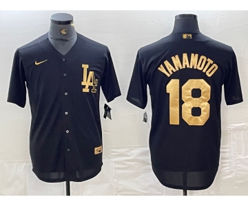 Men's Los Angeles Dodgers #18 Yoshinobu Yamamoto Black Gold Cool Base Stitched Jersey