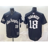 Men's Los Angeles Dodgers #18 Yoshinobu Yamamoto Black LA Gothic Style With 2025 World Series Champions Patch Limited Stitched Baseball Jersey