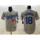 Men's Los Angeles Dodgers #18 Yoshinobu Yamamoto Gray 2025 World Series Champions Patch Stitched Baseball Jersey