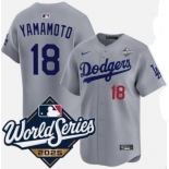 Men's Los Angeles Dodgers #18 Yoshinobu Yamamoto Gray 2025 World Series Limited Stitched Baseball Jersey Men's Los Angeles Dodgers #18 Yoshinobu Yamamoto Gray 2025 World Series Limited Stitched Baseball Jersey