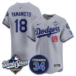 Men's Los Angeles Dodgers #18 Yoshinobu Yamamoto Gray 2025 World Series With No. 34 Patch Limited Stitched Jersey Men's Los Angeles Dodgers #18 Yoshinobu Yamamoto Gray 2025 World Series With No. 34 Patch Limited Stitched Jersey