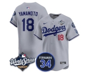 Men's Los Angeles Dodgers #18 Yoshinobu Yamamoto Gray 2025 World Series With No. 34 Patch Limited Stitched Jersey Men's Los Angeles Dodgers #18 Yoshinobu Yamamoto Gray 2025 World Series With No. 34 Patch Limited Stitched Jersey