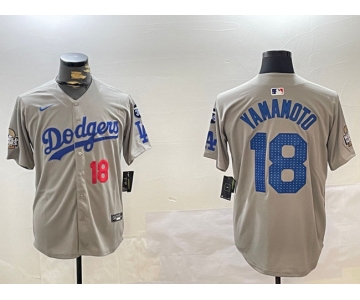 Men's Los Angeles Dodgers #18 Yoshinobu Yamamoto Grey 2024 World Series With Fernando Memorial Patch Limited Stitched Baseball Jersey