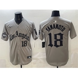Men's Los Angeles Dodgers #18 Yoshinobu Yamamoto Grey LA Gothic Style With 2025 World Series Champions Patch Limited Stitched Baseball Jersey