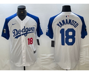 Mens Los Angeles Dodgers #18 Yoshinobu Yamamoto Number White Blue Fashion Stitched Cool Base Limited Jersey