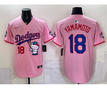 Men's Los Angeles Dodgers #18 Yoshinobu Yamamoto Pink Hello Kitty Night 2025 World Series Champions Patch Stitched Baseball Jersey