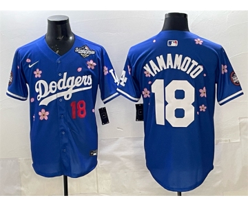 Men's Los Angeles Dodgers #18 Yoshinobu Yamamoto Royal 2025 World Series Patch Tokyo Series Limited Stitched Baseball Jersey