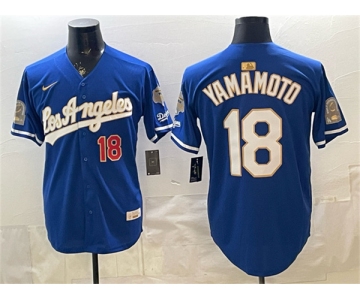 Men's Los Angeles Dodgers #18 Yoshinobu Yamamoto Royal 2026 Gold Collection 9x & B2B Champs Patch Stitched Baseball Jersey