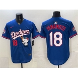 Men's Los Angeles Dodgers #18 Yoshinobu Yamamoto Royal Hello Kitty Night 2025 World Series Champions Patch Stitched Baseball Jersey