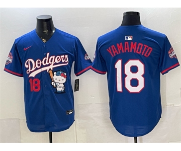 Men's Los Angeles Dodgers #18 Yoshinobu Yamamoto Royal Hello Kitty Night 2025 World Series Champions Patch Stitched Baseball Jersey