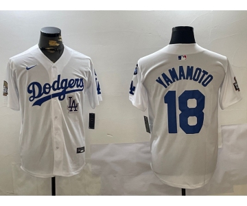 Men's Los Angeles Dodgers #18 Yoshinobu Yamamoto White 2024 World Series With Fernando Memorial Patch Home Limited Stitched Baseball Jersey