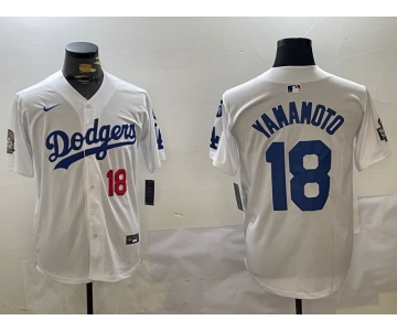 Men's Los Angeles Dodgers #18 Yoshinobu Yamamoto White 2024 World Series With Fernando Memorial Patch Home Limited Stitched Baseball Jerseys
