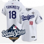 Men's Los Angeles Dodgers #18 Yoshinobu Yamamoto White 2025 World Series Home Limited Stitched Baseball Jersey Men's Los Angeles Dodgers #18 Yoshinobu Yamamoto White 2025 World Series Home Limited Stitched Baseball Jersey