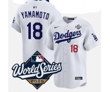 Men's Los Angeles Dodgers #18 Yoshinobu Yamamoto White 2025 World Series Home Limited Stitched Baseball Jersey