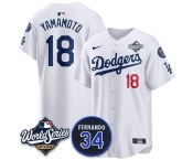 Men's Los Angeles Dodgers #18 Yoshinobu Yamamoto White 2025 World Series With No. 34 Patch Limited Stitched Jersey Men's Los Angeles Dodgers #18 Yoshinobu Yamamoto White 2025 World Series With No. 34 Patch Limited Stitched Jersey