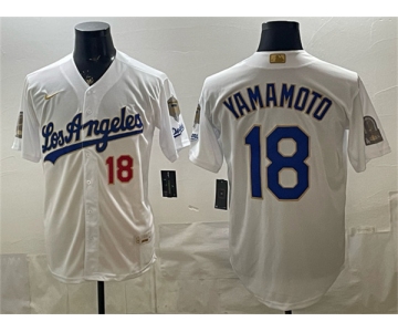 Men's Los Angeles Dodgers #18 Yoshinobu Yamamoto White 2026 Gold Collection 9x & B2B Champs Patch Stitched Baseball Jersey