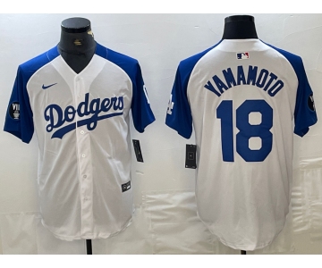 Men's Los Angeles Dodgers #18 Yoshinobu Yamamoto White Blue Fashion Stitched Cool Base Limited Jerseys