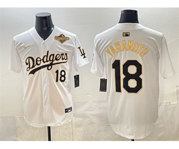 Men's Los Angeles Dodgers #18 Yoshinobu Yamamoto White Gold 2025 World Series Patch Limited Stitched Baseball Jersey