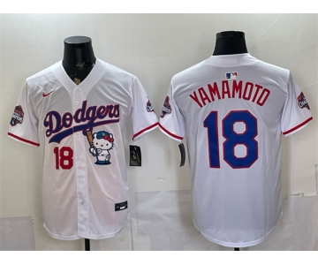 Men's Los Angeles Dodgers #18 Yoshinobu Yamamoto White Hello Kitty Night 2025 World Series Champions Patch Stitched Baseball Jersey