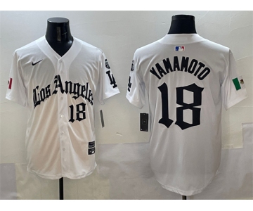 Men's Los Angeles Dodgers #18 Yoshinobu Yamamoto White Mexico 2025 LA Gothic Style With Fernando Patch Vapor Premier Limited Stitched Baseball Jersey