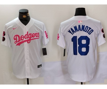 Men's Los Angeles Dodgers #18 Yoshinobu Yamamoto White Pink Vin & Kobe Patch Stitched Baseball Jersey