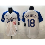 Men's Los Angeles Dodgers #18 Yoshinobu Yamamoto White Royal 2025 World Series Patch Limited Stitched Baseball Jersey