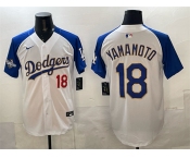 Men's Los Angeles Dodgers #18 Yoshinobu Yamamoto White Royal 2025 World Series Patch Limited Stitched Baseball Jersey