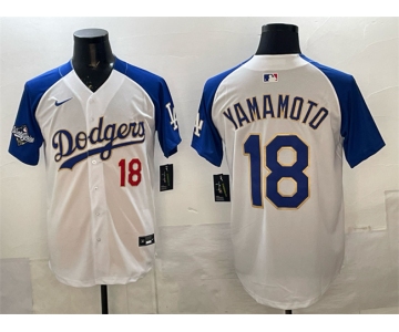 Men's Los Angeles Dodgers #18 Yoshinobu Yamamoto White Royal 2025 World Series Patch Limited Stitched Baseball Jersey