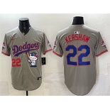 Men's Los Angeles Dodgers #22 Clayton Kershaw Grey Hello Kitty Night 2025 World Series Champions Patch Stitched Baseball Jersey Men's Los Angeles Dodgers #22 Clayton Kershaw Grey Hello Kitty Night 2025 World Series Champions Patch Stitched Baseball Jersey