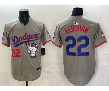 Men's Los Angeles Dodgers #22 Clayton Kershaw Grey Hello Kitty Night 2025 World Series Champions Patch Stitched Baseball Jersey