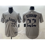 Men's Los Angeles Dodgers #22 Clayton Kershaw Grey LA Gothic Style With 2025 World Series Champions Patch Limited Stitched Baseball Jersey