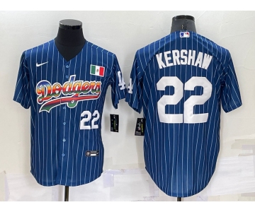 Mens Los Angeles Dodgers #22 Clayton Kershaw Number Rainbow Blue Red Pinstripe Mexico Cool Base Nike Jersey