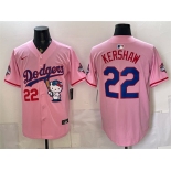 Men's Los Angeles Dodgers #22 Clayton Kershaw Pink Hello Kitty Night 2025 World Series Champions Patch Stitched Baseball Jersey Men's Los Angeles Dodgers #22 Clayton Kershaw Pink Hello Kitty Night 2025 World Series Champions Patch Stitched Baseball Jersey