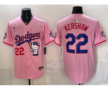 Men's Los Angeles Dodgers #22 Clayton Kershaw Pink Hello Kitty Night 2025 World Series Champions Patch Stitched Baseball Jersey