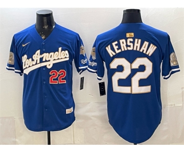 Men's Los Angeles Dodgers #22 Clayton Kershaw Royal 2026 Gold Collection 9x & B2B Champs Patch Stitched Baseball Jersey