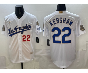 Men's Los Angeles Dodgers #22 Clayton Kershaw White 2026 Gold Collection 9x & B2B Champs Patch Stitched Baseball Jersey