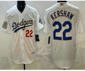 Men's Los Angeles Dodgers #22 Clayton Kershaw White Gold World Series Champions Collection Limited Jersey