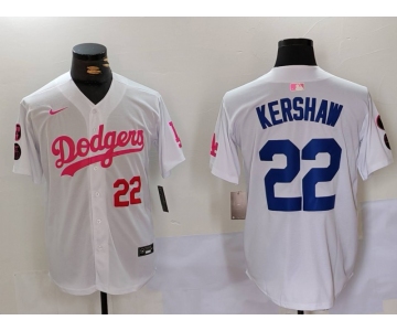 Men's Los Angeles Dodgers #22 Clayton Kershaw White Pink Vin & Kobe Patch Stitched Baseball Jerseys