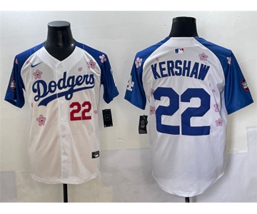 Men's Los Angeles Dodgers #22 Clayton Kershaw White Royal 2025 Tokyo Series Limited Stitched Baseball Jersey