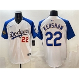 Men's Los Angeles Dodgers #22 Clayton Kershaw White Royal 2025 World Series Champions Patch Limited Stitched Baseball Jersey