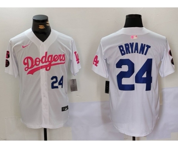Men's Los Angeles Dodgers #24 Kobe Bryant White Pink Vin & Kobe Patch Stitched Baseball Jersey